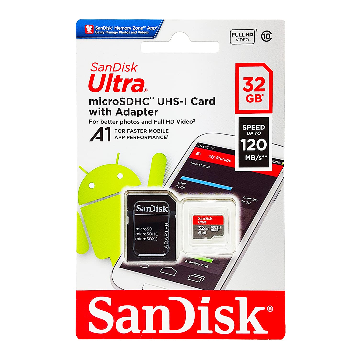 SanDisk Ultra Android microSDHC UHS-I Speicherkarte 32 GB + Adapter (Für Smartphones und Tablets, A1, Class 10, U1, Full HD-Videos, bis zu 120 MB/s Lesegeschwindigkeit) 10 Jahre Garantie