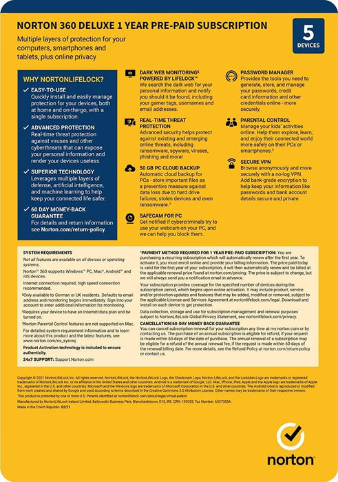 Norton 360 Deluxe 50Gb 1 User 5 Device 12Mo Software