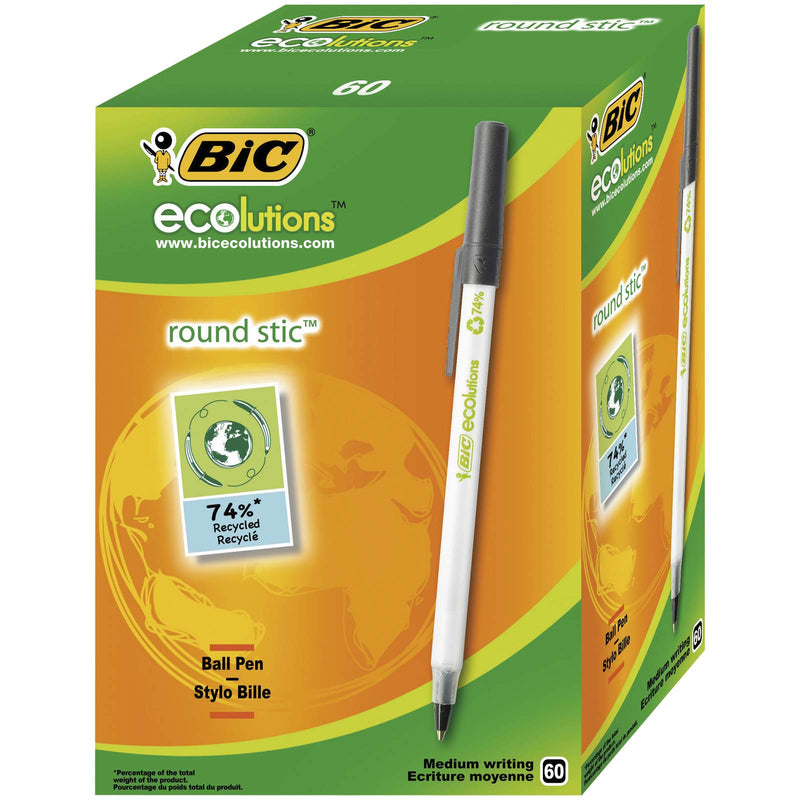 BIC Round Stic ECOlutions Ballpoint Pens - Box of 60 - Black - Medium Writing Point (1.0 mm) Large Office Size