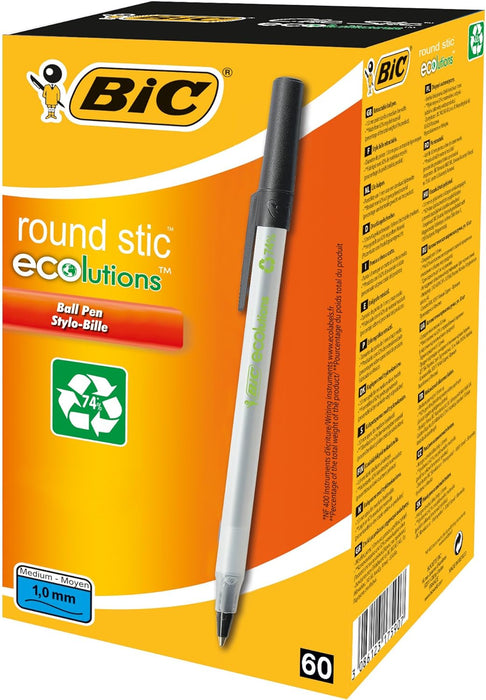BIC Round Stic ECOlutions Ballpoint Pens - Box of 60 - Black - Medium Writing Point (1.0 mm) Large Office Size