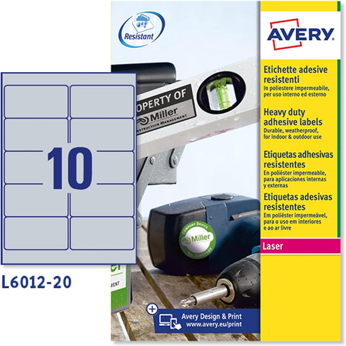 Avery L6012-20 (96.0 x 50.8mm) Extra-Strong Adhesive Silver Heavy Duty Labels, 10 Labels Per A4 Sheet