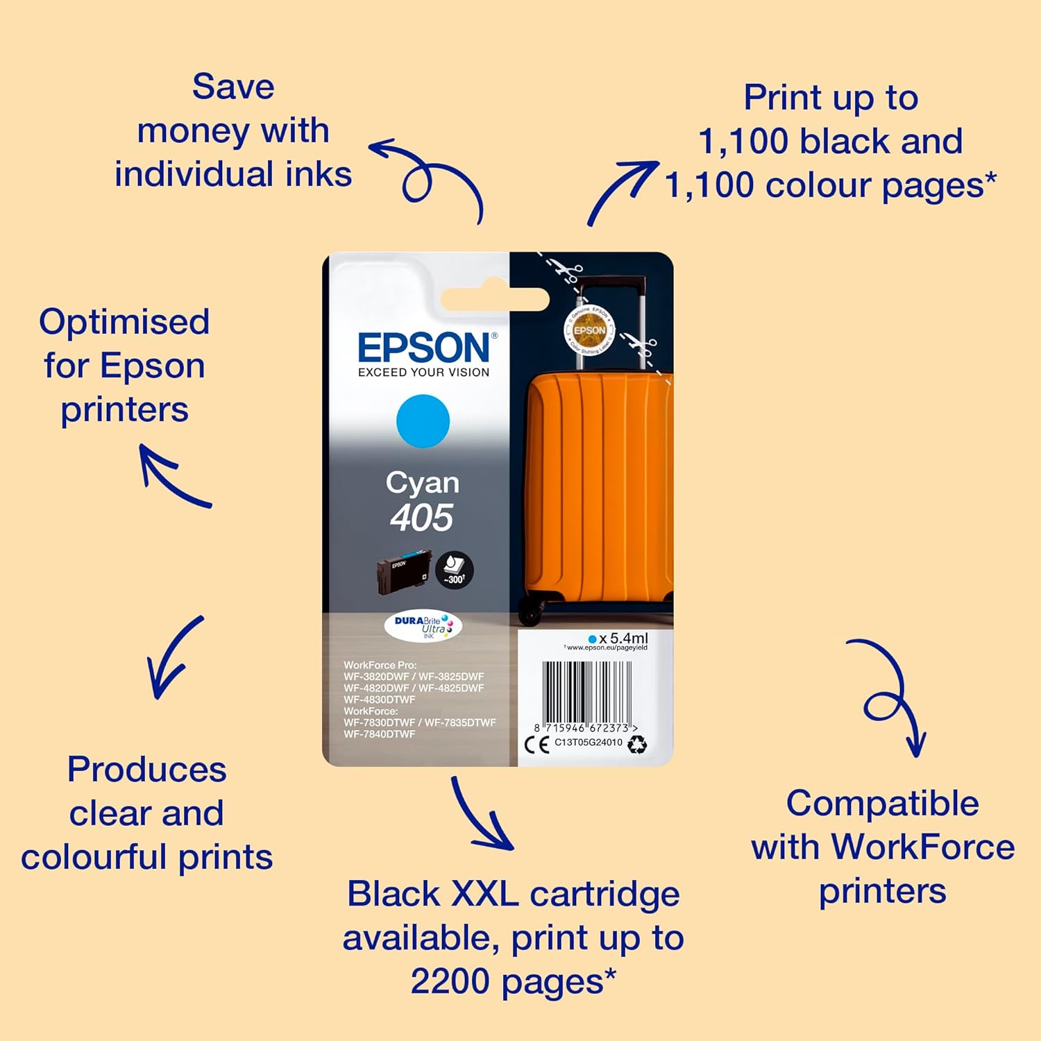 Epson 405 Cyan Suitcase Genuine, DURABrite Ultra Ink