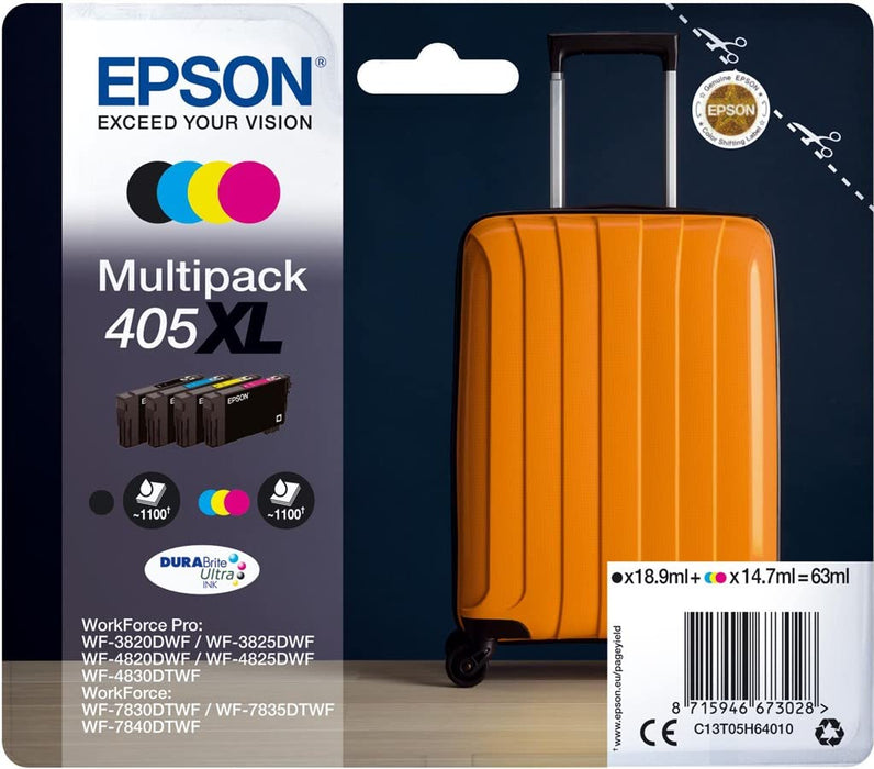Epson 405XL Suitcase High Yield Genuine Multipack, 4-colours Ink Cartridges, DURABrite Ultra Ink XL High Capacity