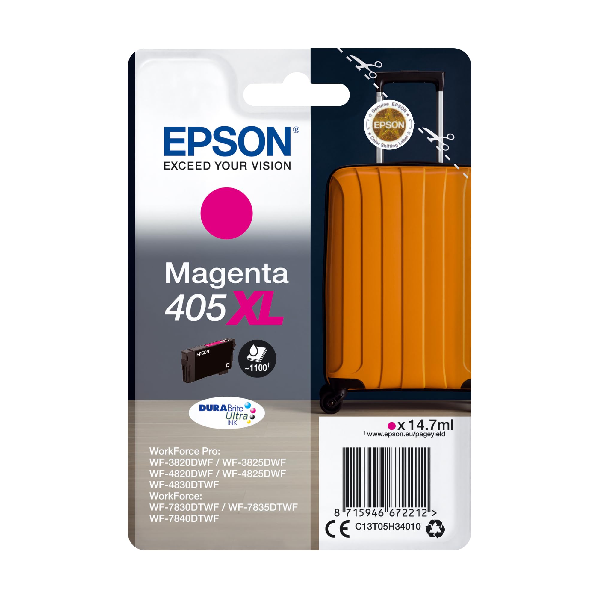 Epson 405XL Magenta Suitcase High Yield Genuine, DURABrite Ultra Ink