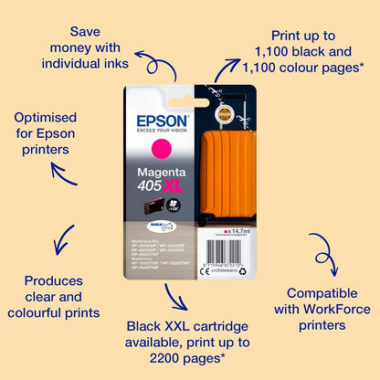 Epson 405XL Magenta Suitcase High Yield Genuine, DURABrite Ultra Ink