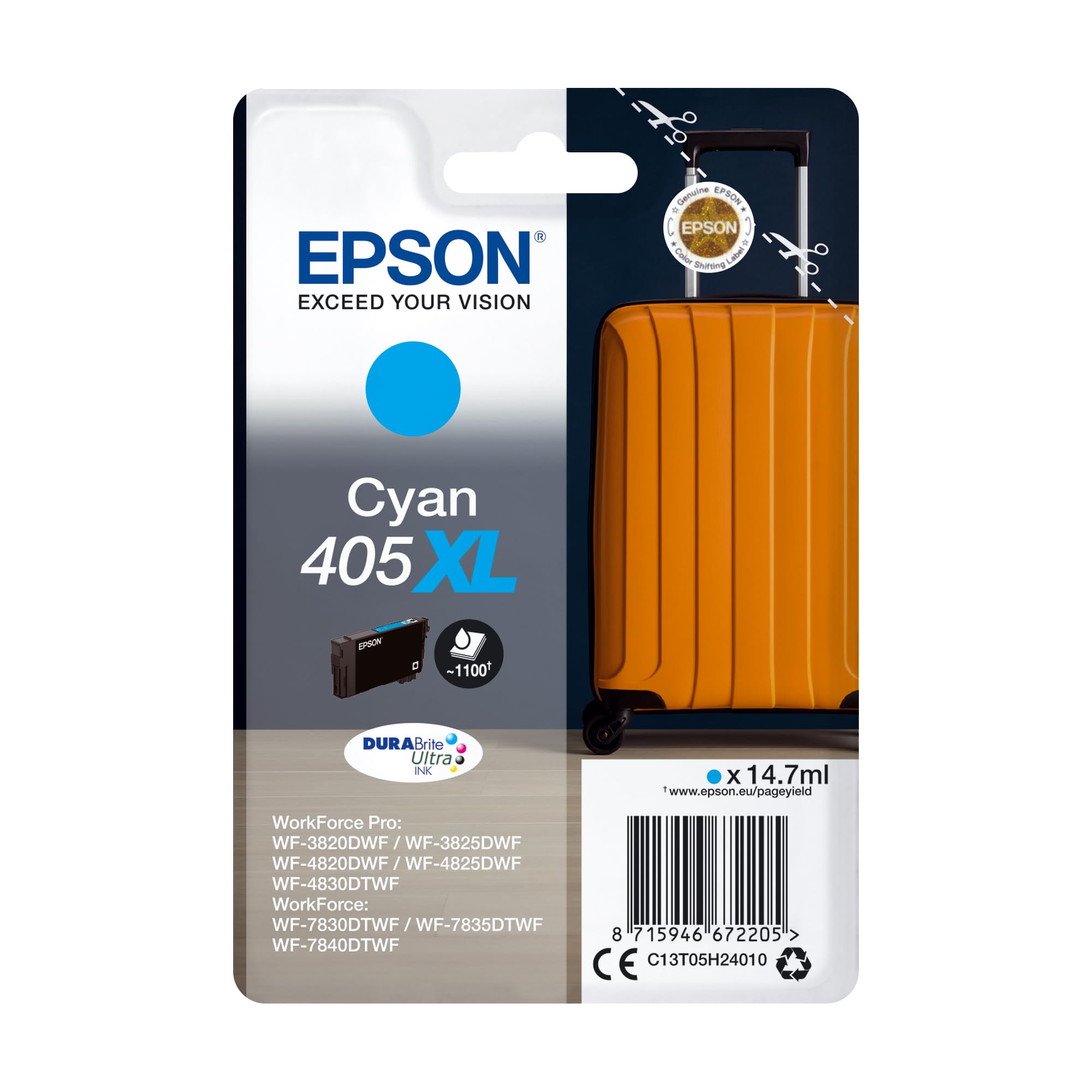 Epson 405XL Cyan Suitcase High Yield Genuine, DURABrite Ultra Ink