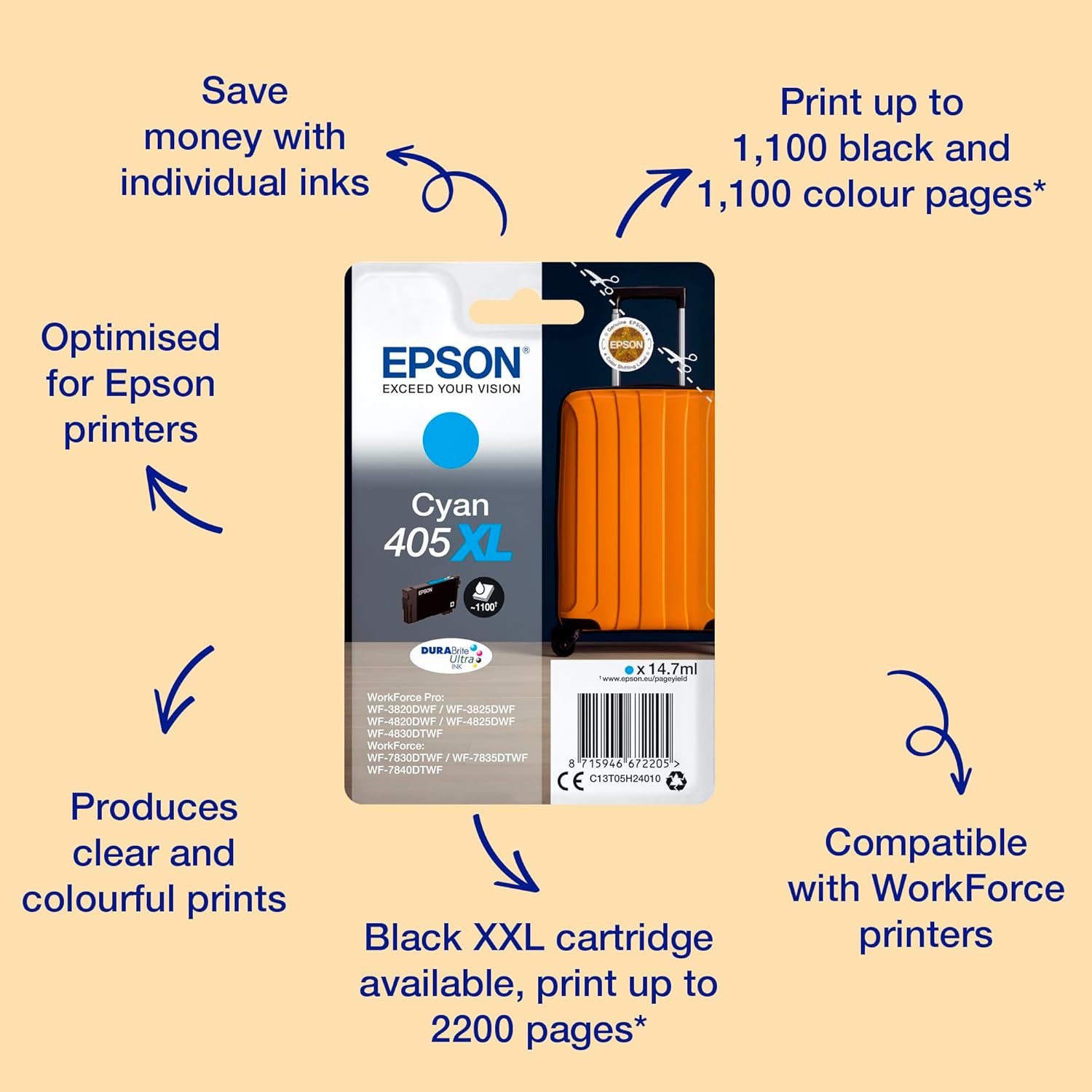 Epson 405XL Cyan Suitcase High Yield Genuine, DURABrite Ultra Ink