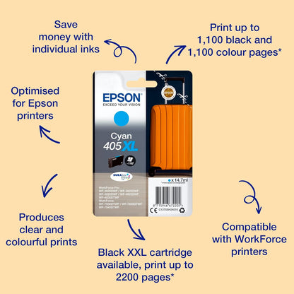 Epson 405XL Cyan Suitcase High Yield Genuine, DURABrite Ultra Ink