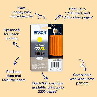 Epson 405XL Yellow Suitcase High Yield Genuine, DURABrite Ultra Ink