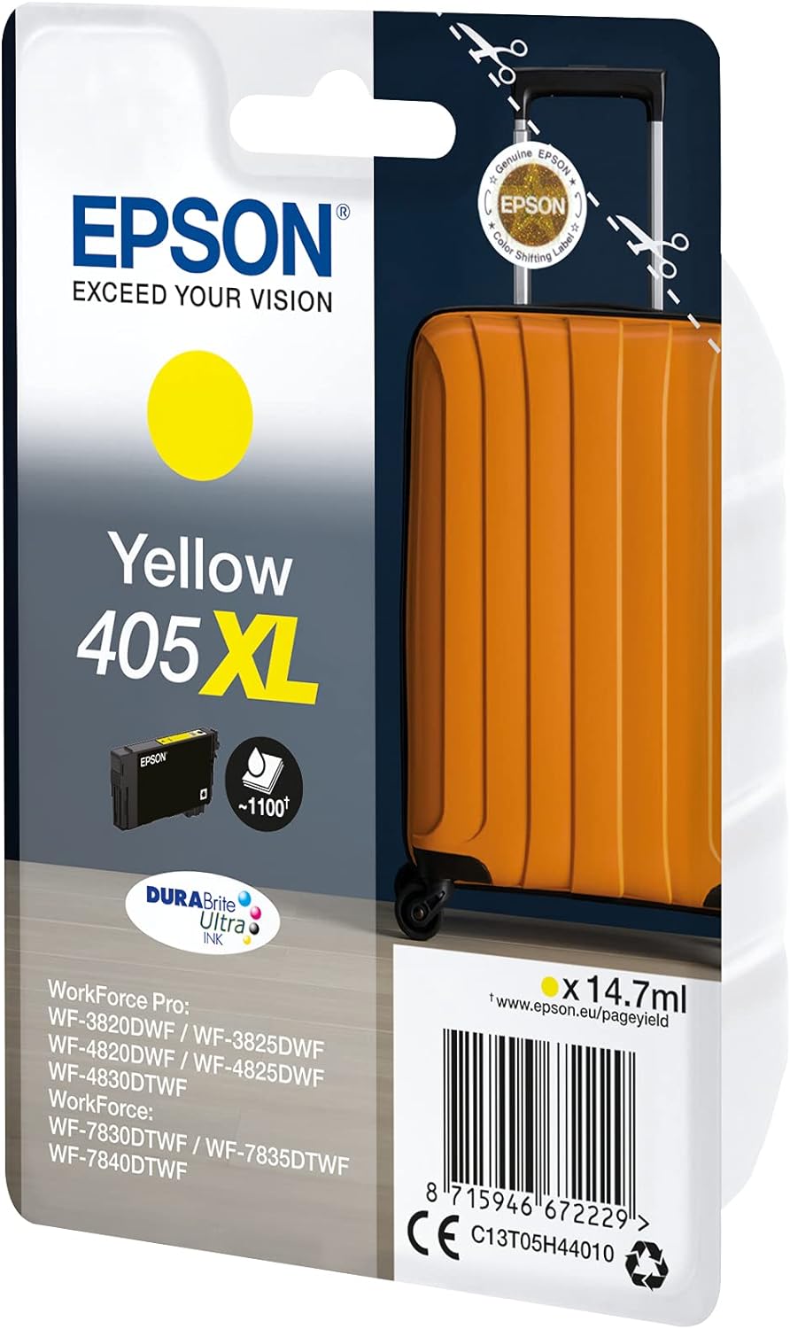 Epson 405XL Yellow Suitcase High Yield Genuine, DURABrite Ultra Ink