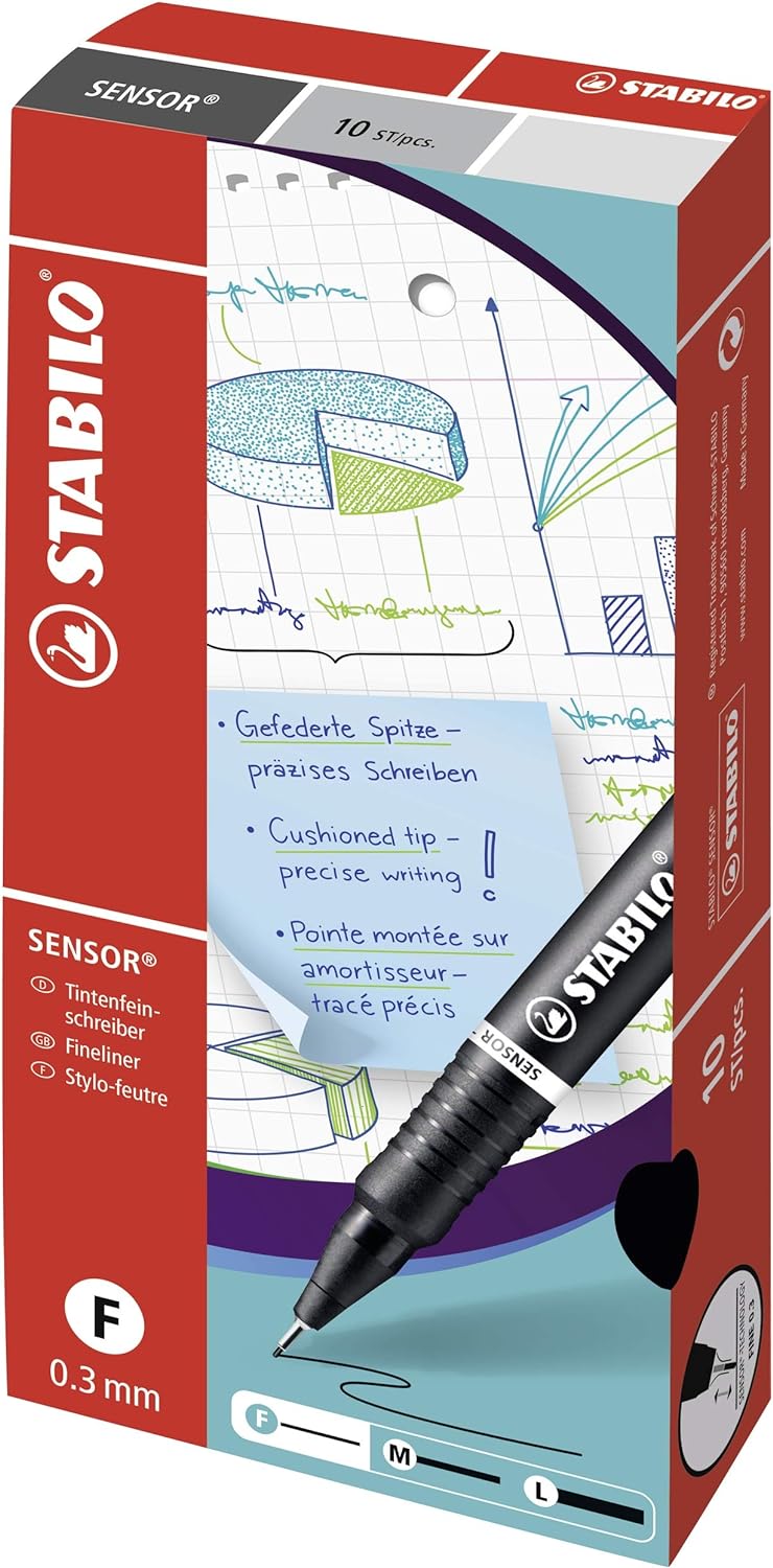 Fineliner with Cushioned F-Tip - STABILO SENSOR fine - Pack of 10