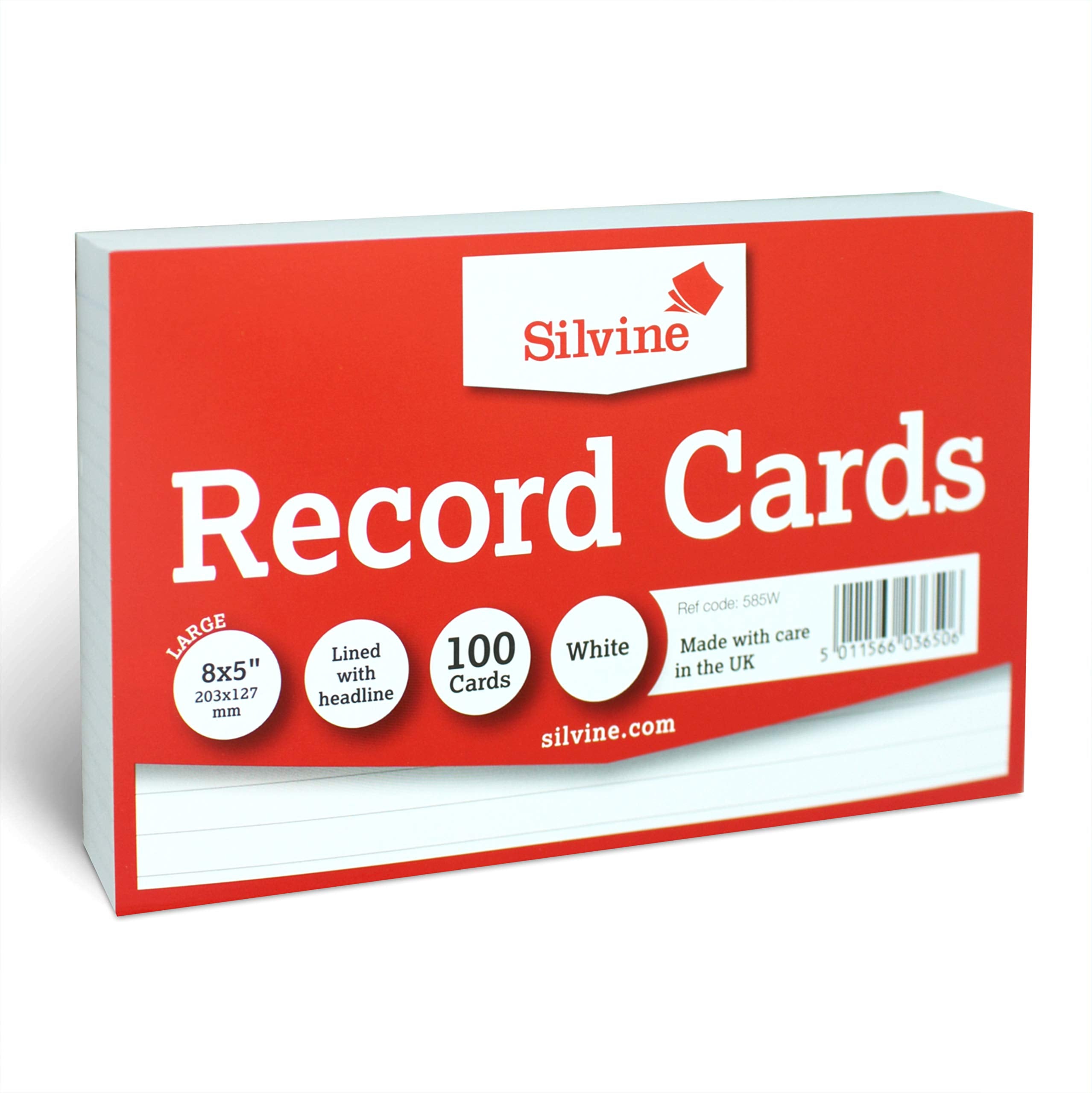 Silvine 8x5" White Record Cards - Lined with Headline, 100 Cards per Pack. Ref 585W (203 x 127mm