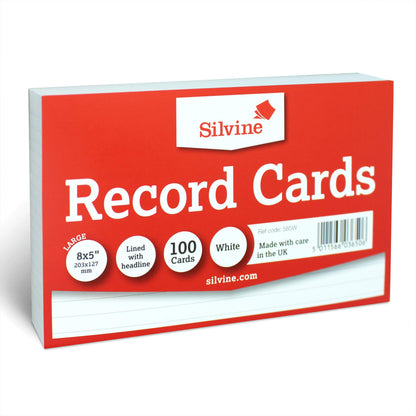Silvine 8x5" White Record Cards - Lined with Headline, 100 Cards per Pack. Ref 585W (203 x 127mm