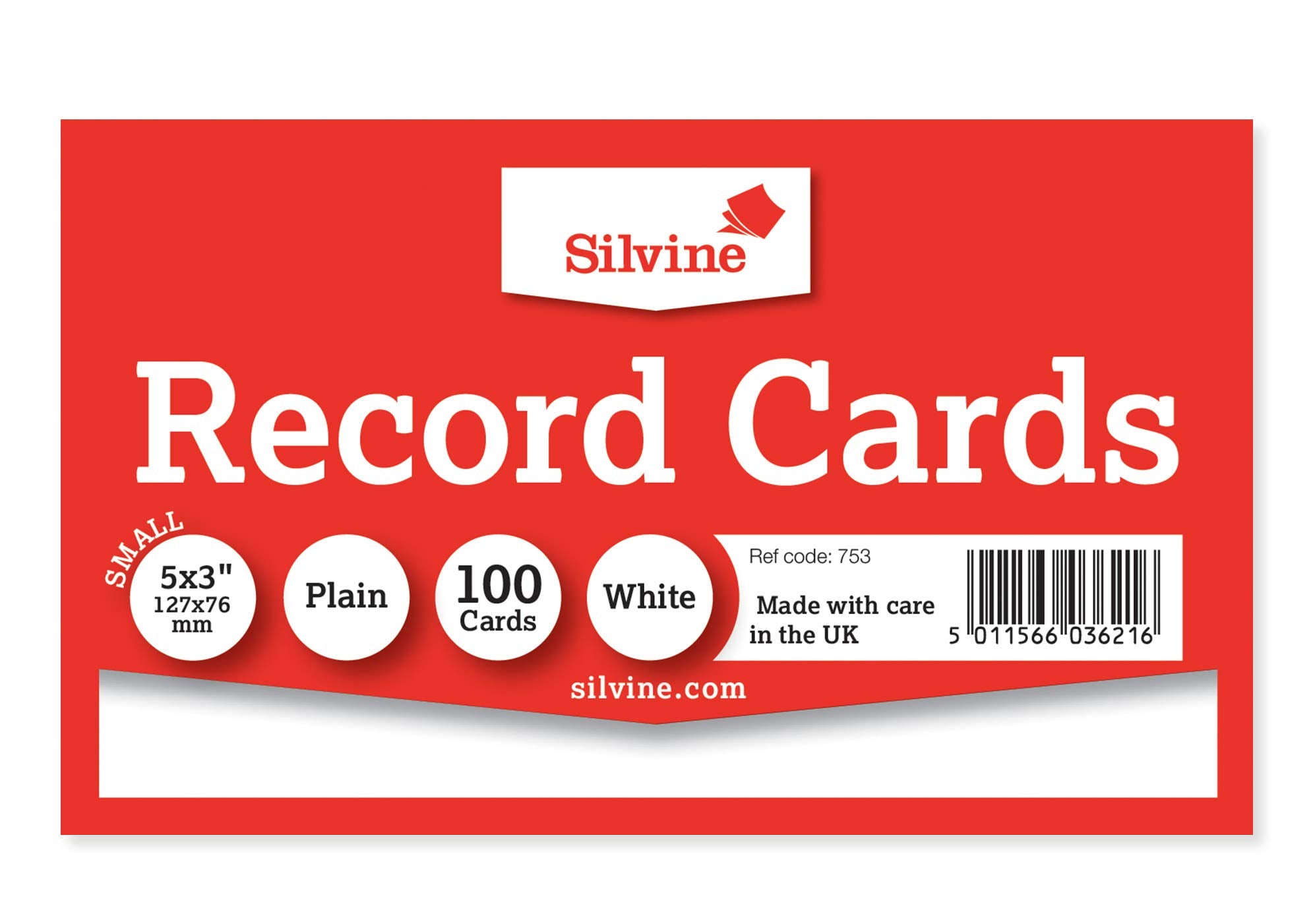 Silvine 5x3 White Record Cards - Plain, 100 Cards Per Pack. Ref 753 (127 x 76mm