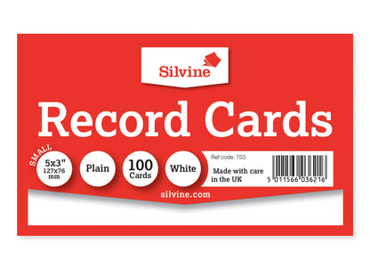 Silvine 5x3 White Record Cards - Plain, 100 Cards Per Pack. Ref 753 (127 x 76mm