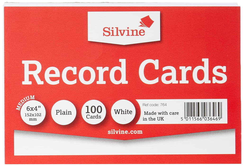 Silvine Record Cards 152x102 mm Plain Pack of 100 - Color: White 6x4