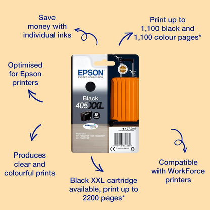 Epson 405XXL Black Suitcase High Yield Genuine, DURABrite Ultra Ink Compatible with WF-78XX Printers