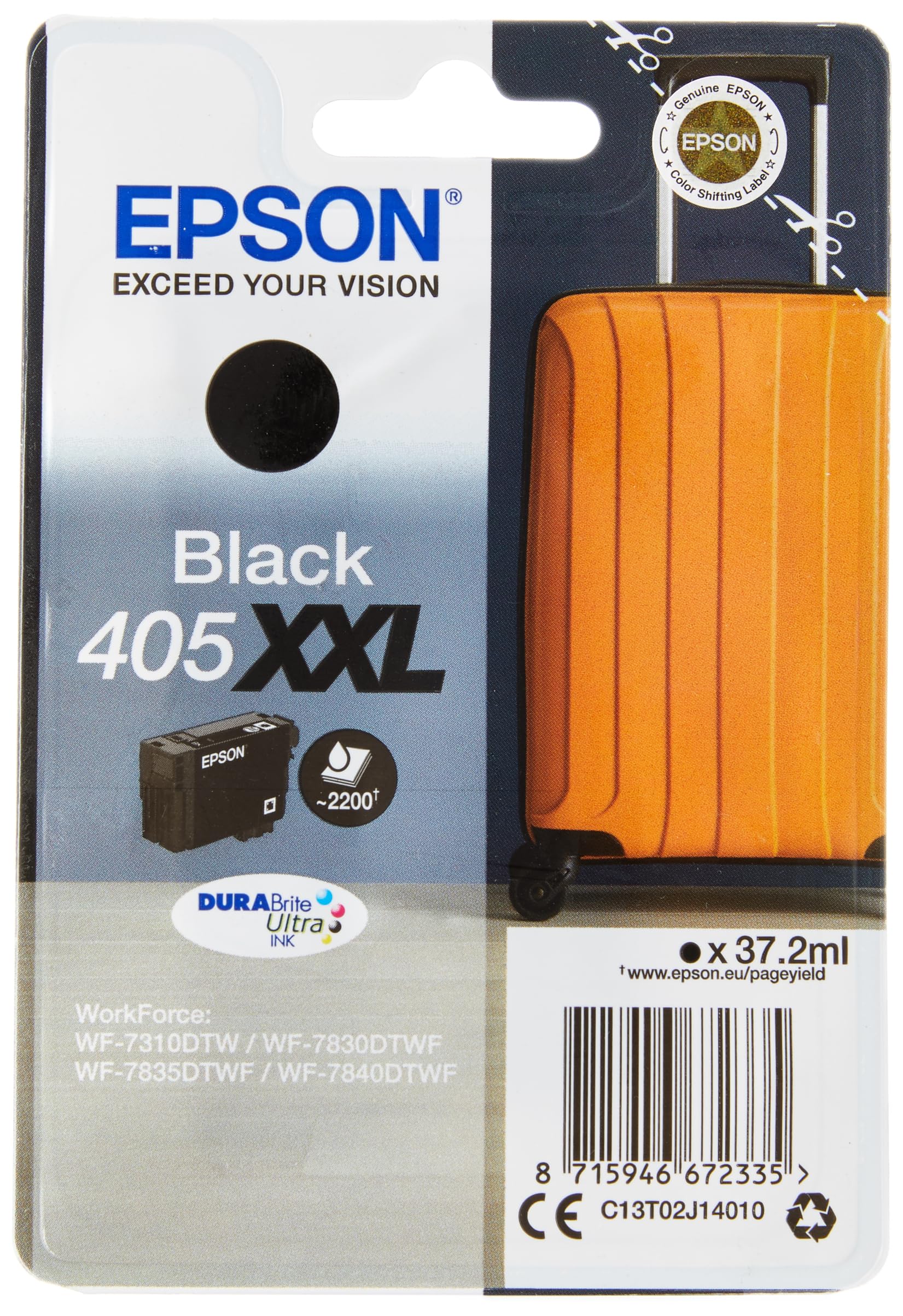 Epson 405XXL Black Suitcase High Yield Genuine, DURABrite Ultra Ink Compatible with WF-78XX Printers