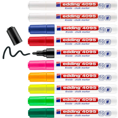 edding 4095 chalk marker - multi-coloured - 10 chalk pens - round nib 2-3 mm - medium-nib wet wipe pen for chalkboards, windows, glass, mirrors - liquid chalk marker pens for opaque coverage