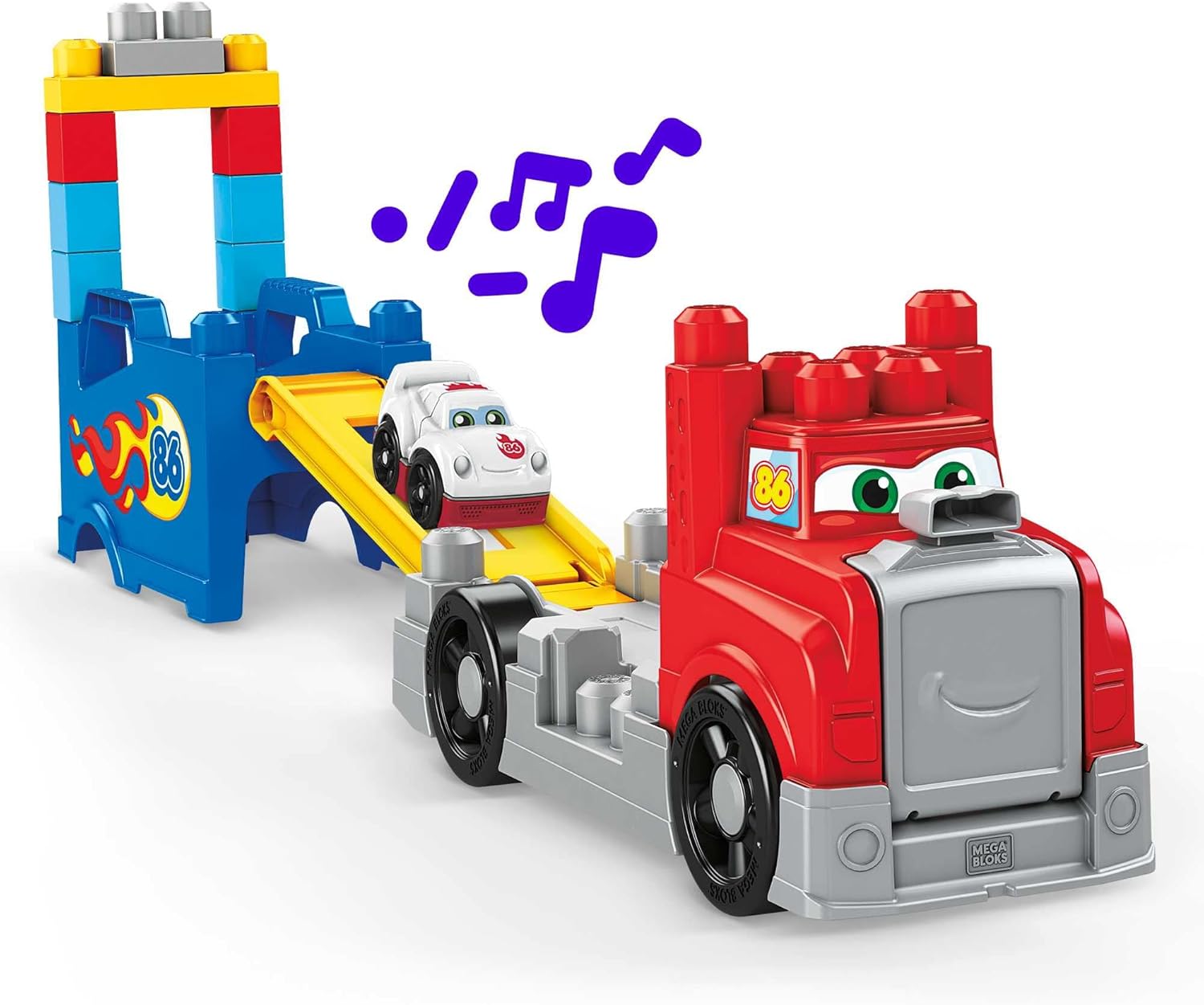 MEGA Bloks Fisher Price Bouwblokken voor peuters, speelgoedauto en baan, bouw- en racetruck met 5 racegeluiden voor peuters van 1-3, FVJ01