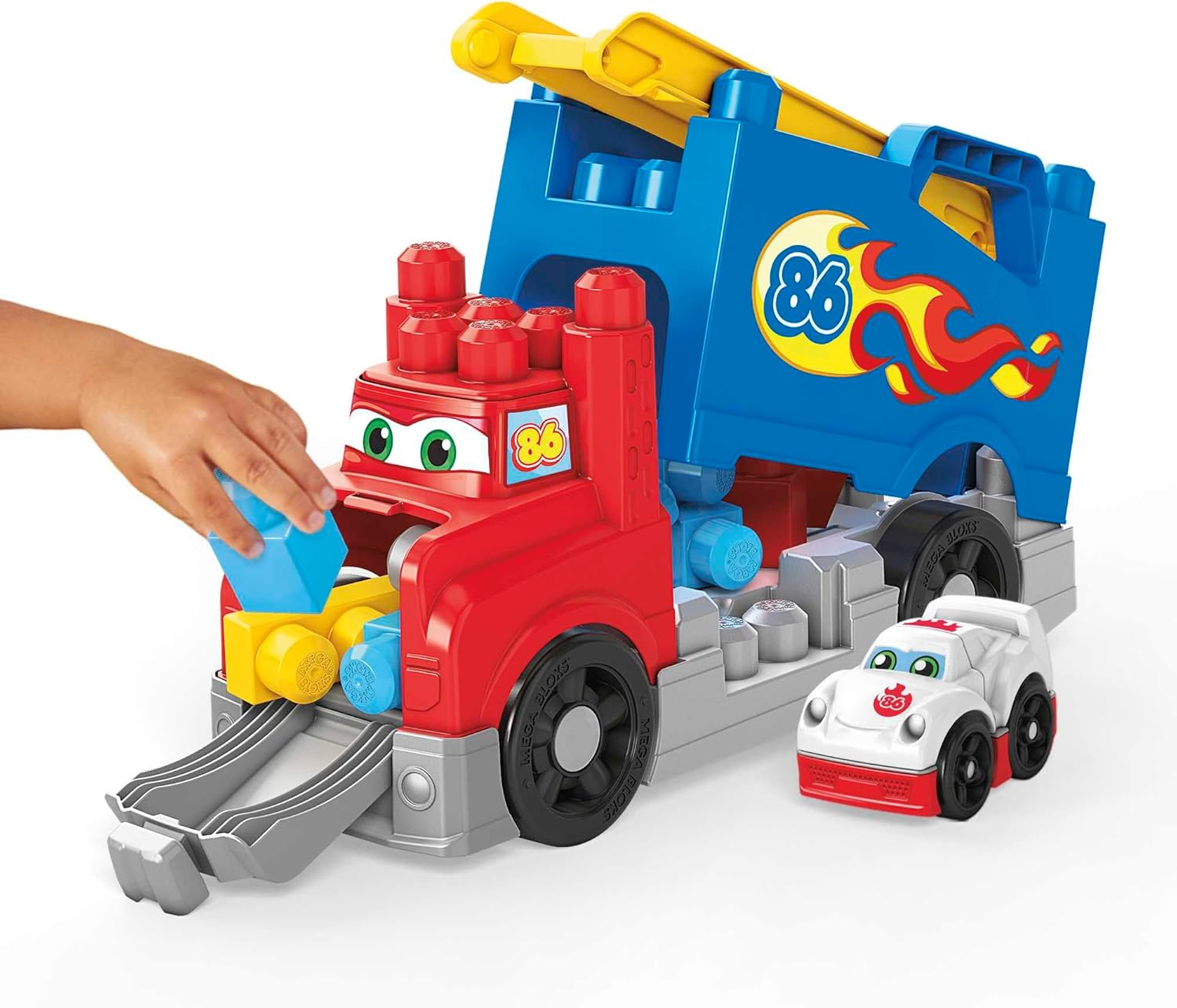 MEGA Bloks Fisher Price Bouwblokken voor peuters, speelgoedauto en baan, bouw- en racetruck met 5 racegeluiden voor peuters van 1-3, FVJ01