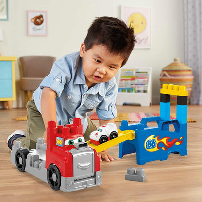 MEGA Bloks Fisher Price Bouwblokken voor peuters, speelgoedauto en baan, bouw- en racetruck met 5 racegeluiden voor peuters van 1-3, FVJ01