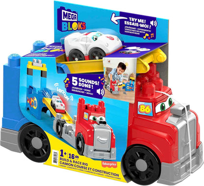 MEGA Bloks Fisher Price Bouwblokken voor peuters, speelgoedauto en baan, bouw- en racetruck met 5 racegeluiden voor peuters van 1-3, FVJ01