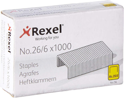 Rexel Optima 40 Low Force Stapler, 40 Sheet Capacity, Flat Clinch Stapling, 26/6 Staples Included, Silver/Black & No.56 26/6 mm Standard Staples, for Stapling up to 20 Sheets, Box of 1000