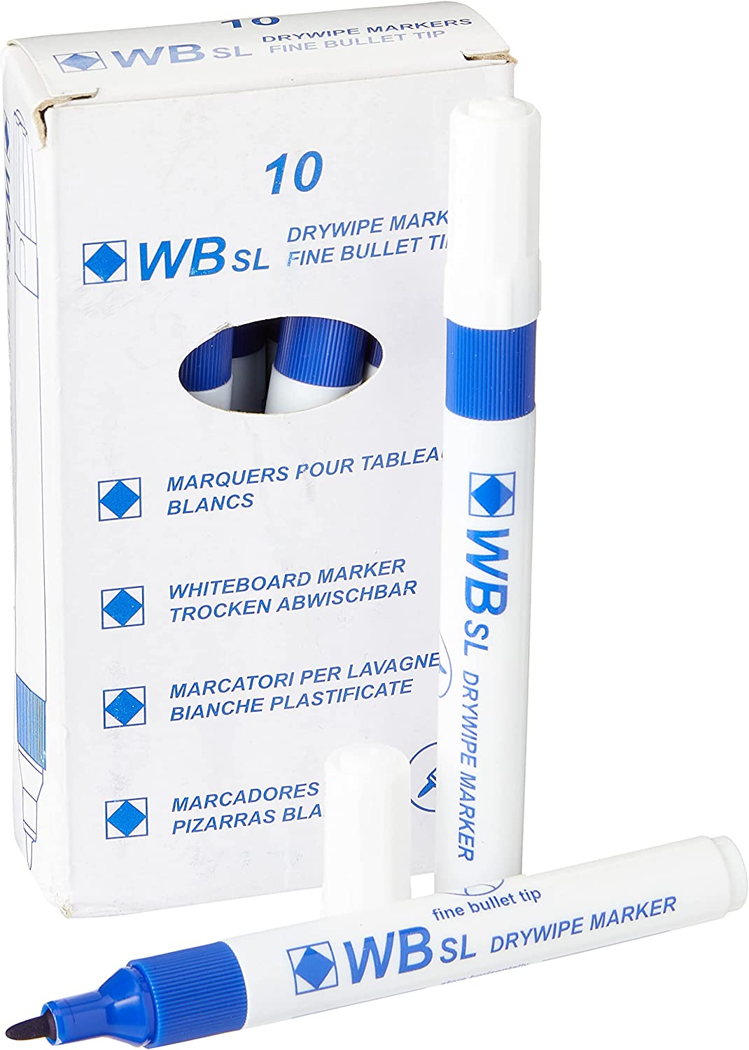 Hainenko Whiteboard Slimline Dry Wipe Marker with Fine Bullet Tip - Blue (Pack of 10