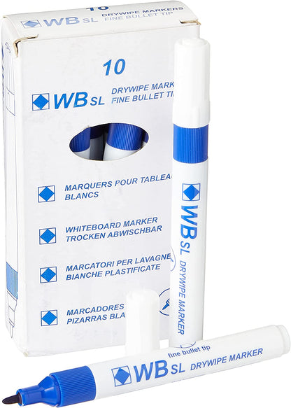 Hainenko Whiteboard Slimline Dry Wipe Marker with Fine Bullet Tip - Blue (Pack of 10