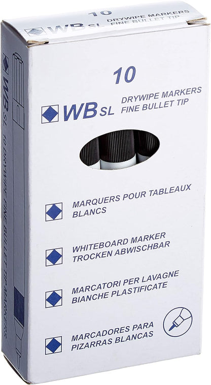 Hainenko 874001 Whiteboard Slimline Dry Wipe Marker with Fine Bullet Tip - Black (Pack of 10