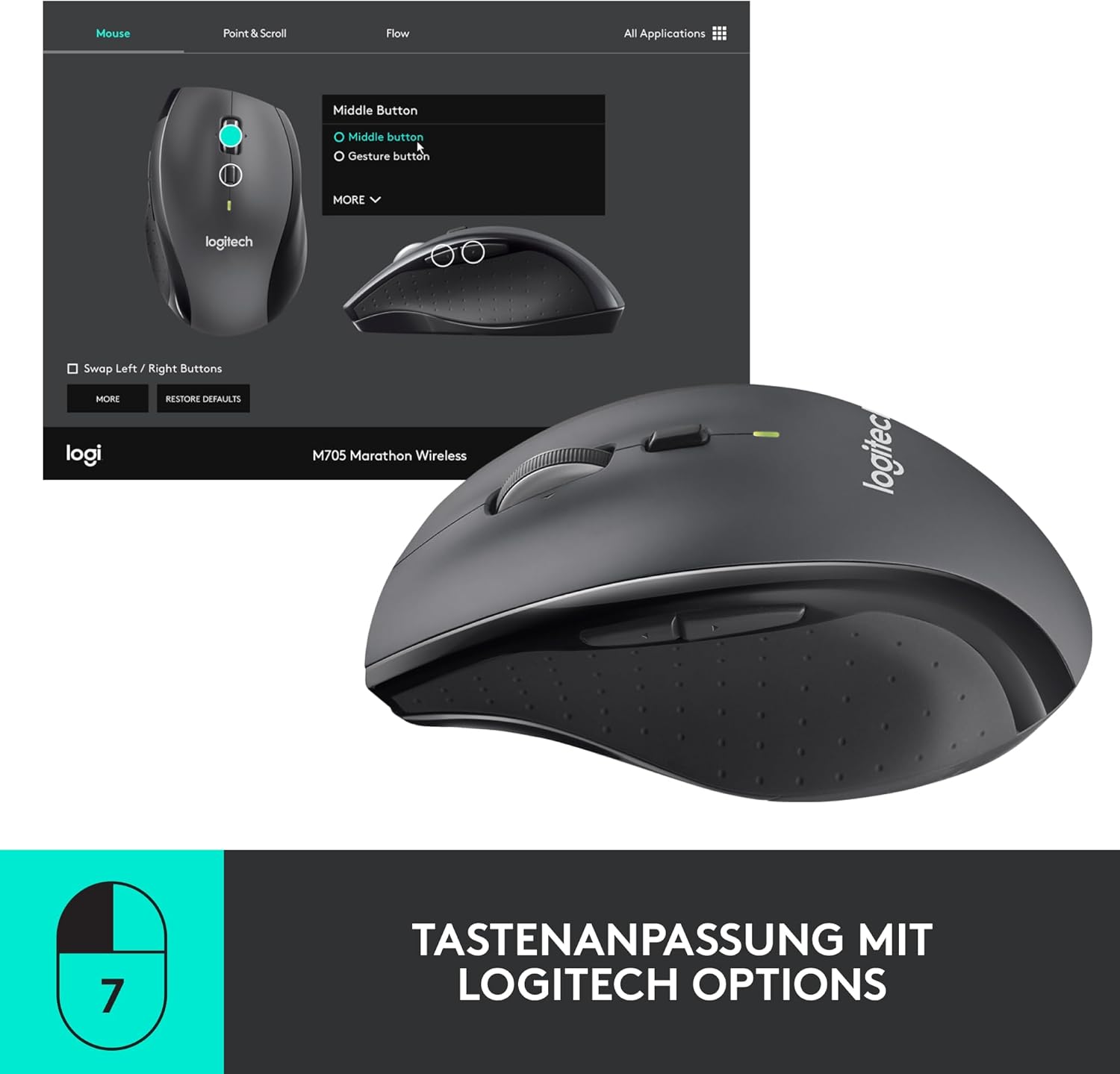 Logitech M705 Marathon Wireless Mouse, 2.4 GHz USB Unifying Receiver, 1000 DPI, 5-Programmable Buttons, 3-Year Battery, Compatible with PC, Mac, Laptop, Chromebook - Grey