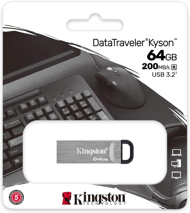 Kingston DataTraveler Kyson USB 3.2 Flash Drive 64GB - Gen 1 with Stylish Capless Metal Case