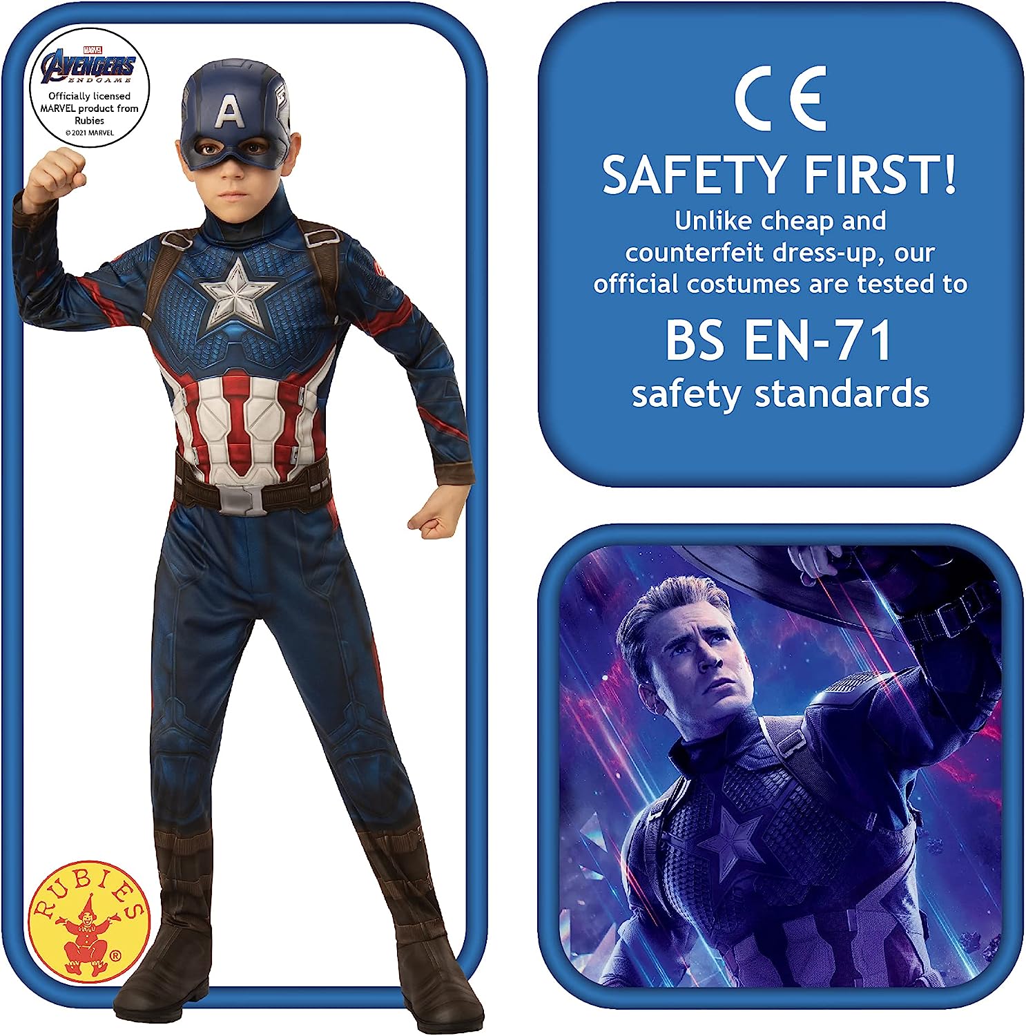 Rubie's Offizielles Marvel Avengers Endgame Captian America klassisches Kinderkostüm, Superhelden-Kostüm für Kinder
