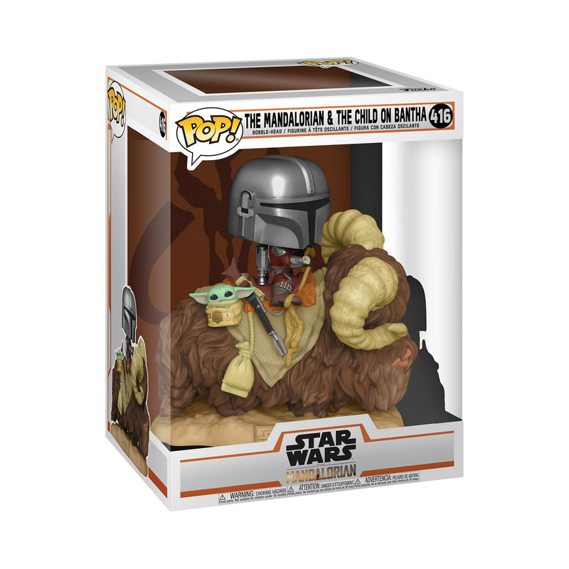 Funko- Pop Deluxe: The Mandalorian-Mando on Bantha w/Child in Bag Figurine de Collection, 52373, Multicolore Standard