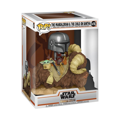 Funko- Pop Deluxe: The Mandalorian-Mando on Bantha w/Child in Bag Figurine de Collection, 52373, Multicolore Standard