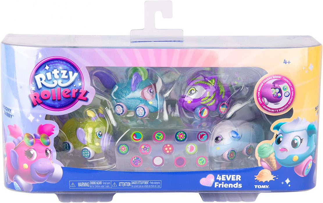 Tomy Ritzy Rollerz – Set mit 4 bunten Figuren 46880, kleine Autos zum Selbermachen, inklusive 28 Charms zum Sammeln, Mini-Universum für Mädchen von 4 bis 8 Jahren