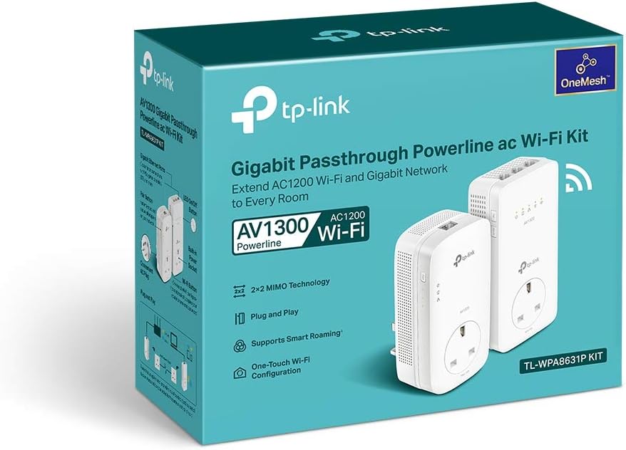 TP-Link AV1300 Gigabit Passthrough Powerline ac Wi-Fi Kit,up to 1200 Mbps WiFi speed,Wi-Fi Extender,Extra Power Socket,Works with OneMesh,No Configuration Required,UK Plug (TL-WPA8631P KIT),White