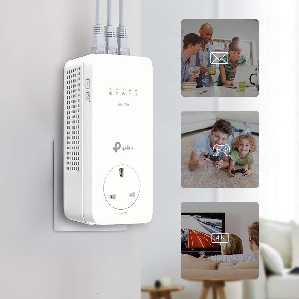 TP-Link AV1300 Gigabit Passthrough Powerline ac Wi-Fi Kit,up to 1200 Mbps WiFi speed,Wi-Fi Extender,Extra Power Socket,Works with OneMesh,No Configuration Required,UK Plug (TL-WPA8631P KIT),White