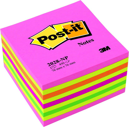 Post-it Sticky Notes Cube Neon Collection, Pack of 1 Pad, of 450 Sheets, 76 mm x 76 mm, Pink, Yellow, Orange, Green Colors - Self-stick Notes For Note Taking, To Do Lists & Reminders