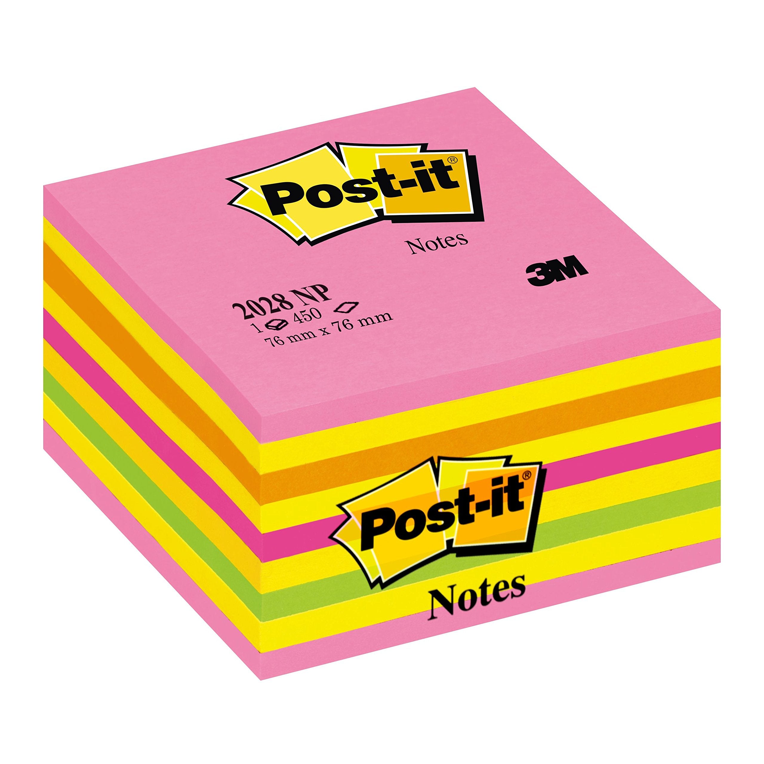 Post-it Sticky Notes Cube Neon Collection, Pack of 1 Pad, of 450 Sheets, 76 mm x 76 mm, Pink, Yellow, Orange, Green Colors - Self-stick Notes For Note Taking, To Do Lists & Reminders