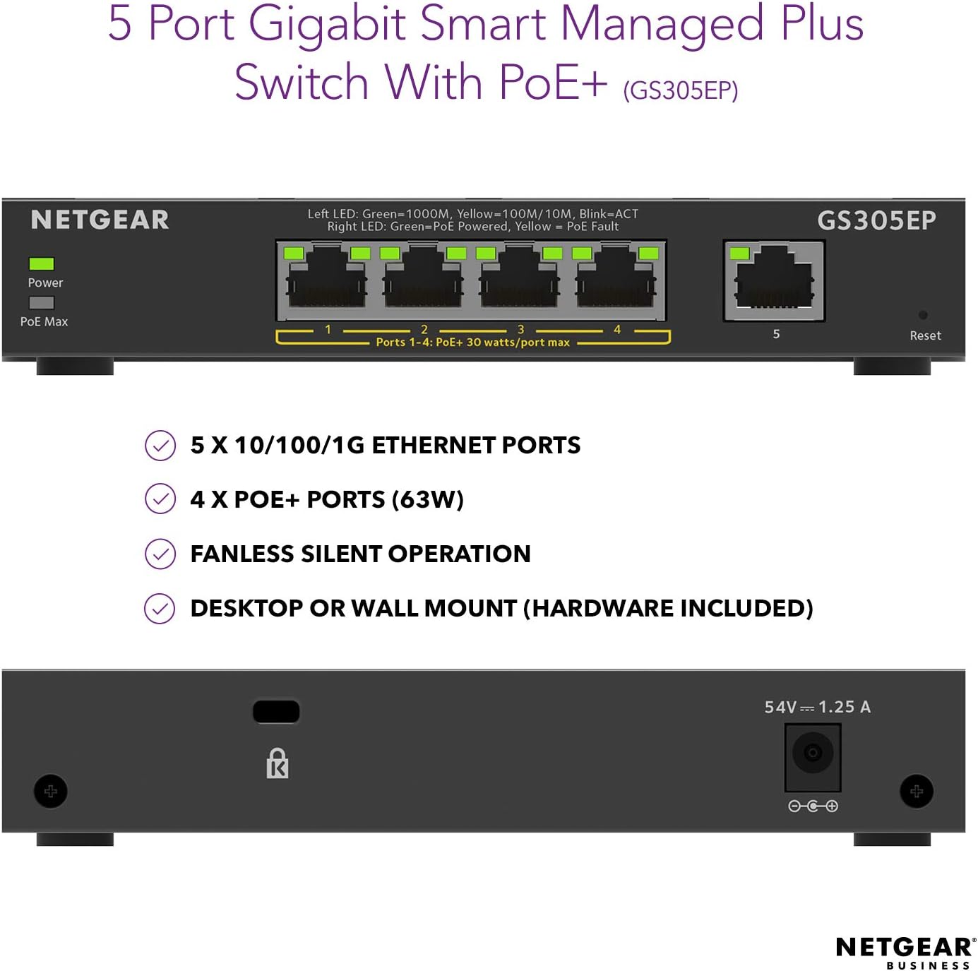 NETGEAR 5 Port Gigabit Ethernet Smart Managed Plus PoE Switch (GS305EP) - with 4 x PoE+ @ 63 W, Desktop/Wall mount