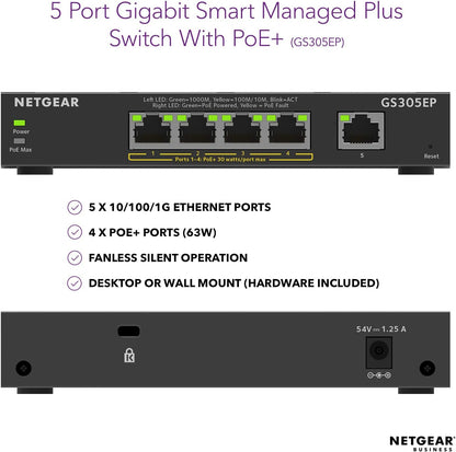 NETGEAR 5 Port Gigabit Ethernet Smart Managed Plus PoE Switch (GS305EP) - with 4 x PoE+ @ 63 W, Desktop/Wall mount