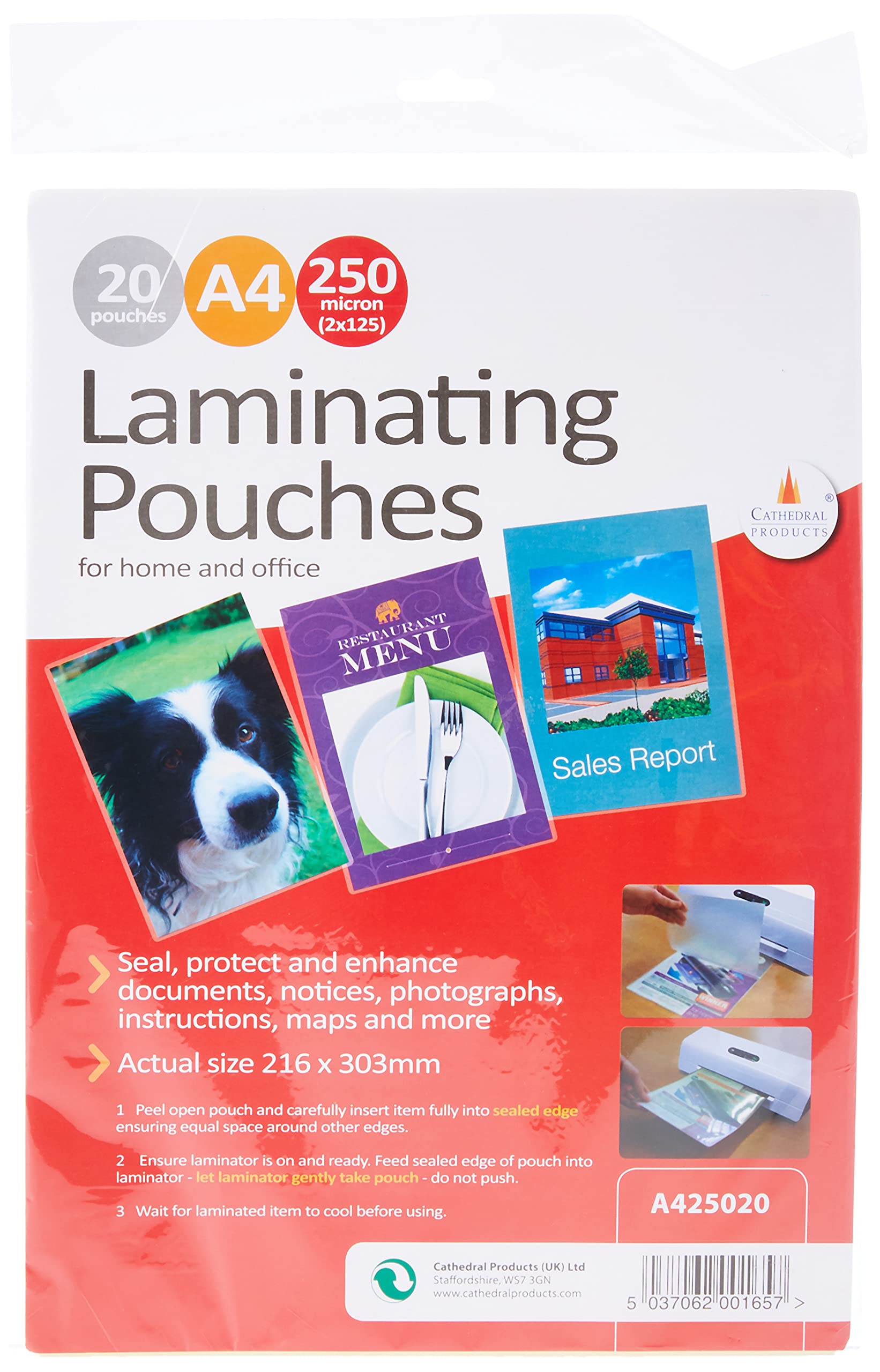 Cathedral Laminating Pouches, 250 Micron A4, 20 Pouches A425020