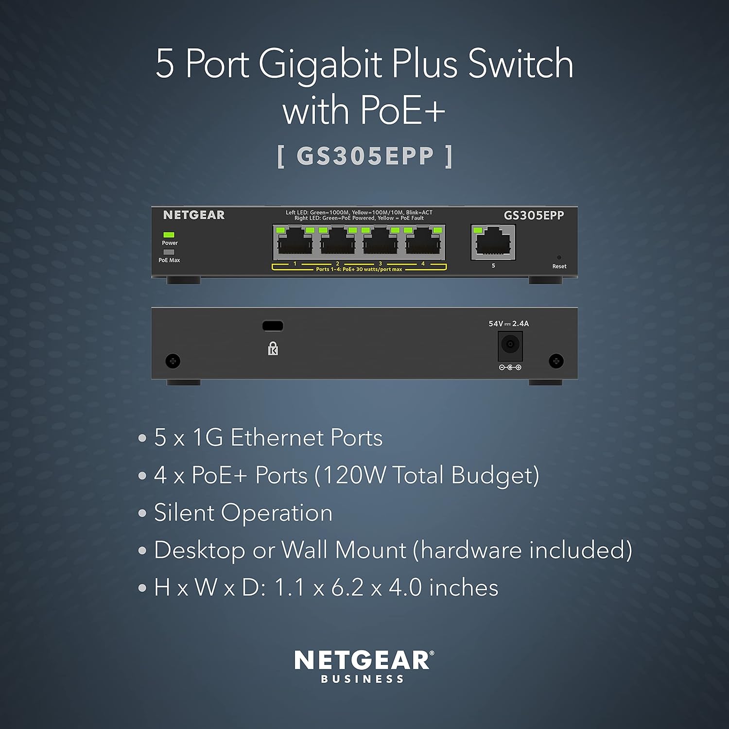 NETGEAR PoE Switch 5 Port Gigabit Ethernet Plus Network Switch (GS305EPP) - with 4 x PoE+ @ 120W, Desktop or Wall Mount