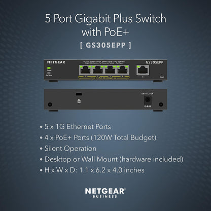NETGEAR PoE Switch 5 Port Gigabit Ethernet Plus Network Switch (GS305EPP) - with 4 x PoE+ @ 120W, Desktop or Wall Mount