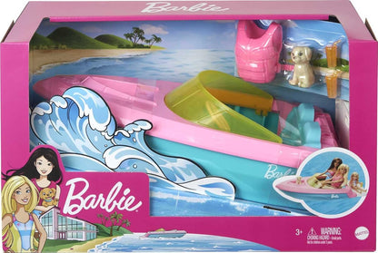 Barbie Boat with Puppy and Themed Accessories, Fits 3 Dolls, Floats in Water, Great Gift for 3 to 7 Year Olds, GRG29