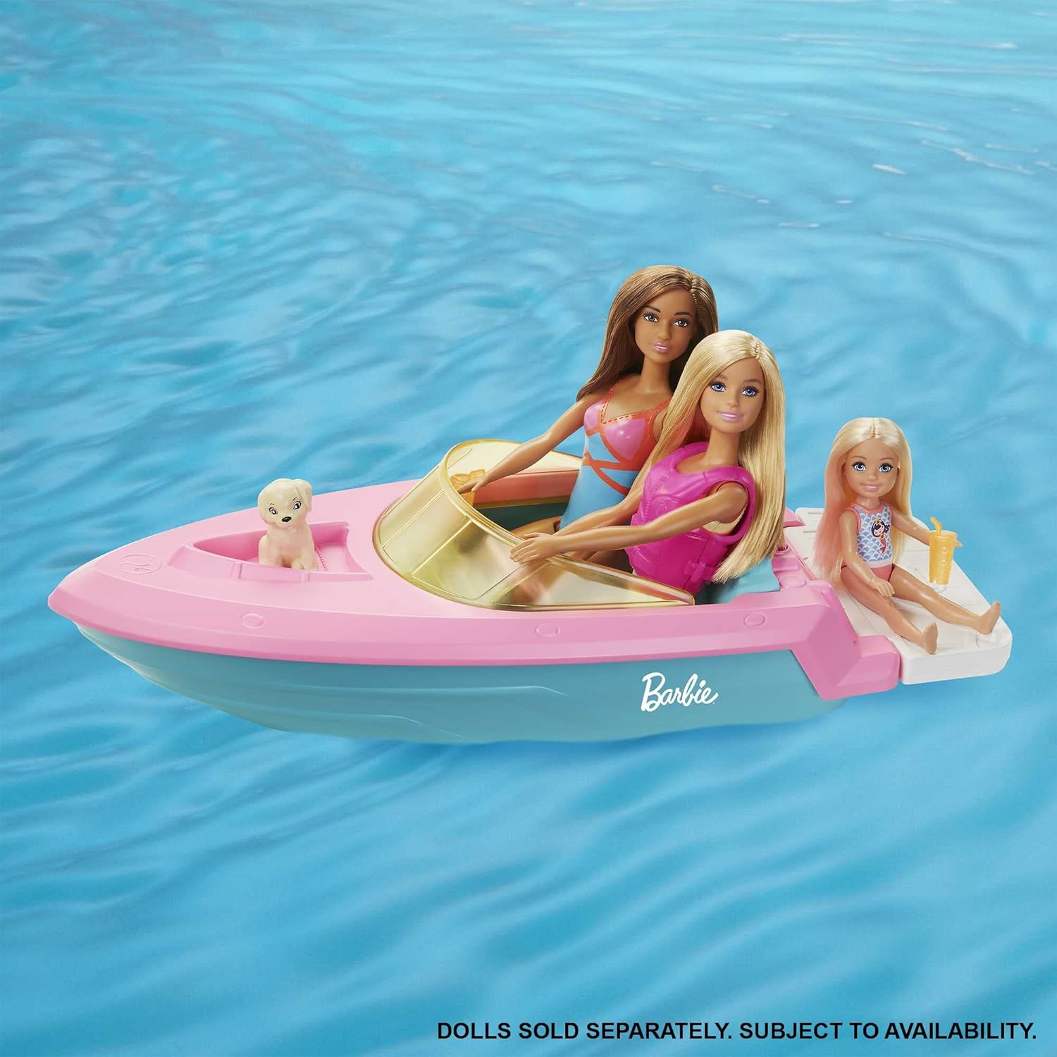 Barbie Boat with Puppy and Themed Accessories, Fits 3 Dolls, Floats in Water, Great Gift for 3 to 7 Year Olds, GRG29