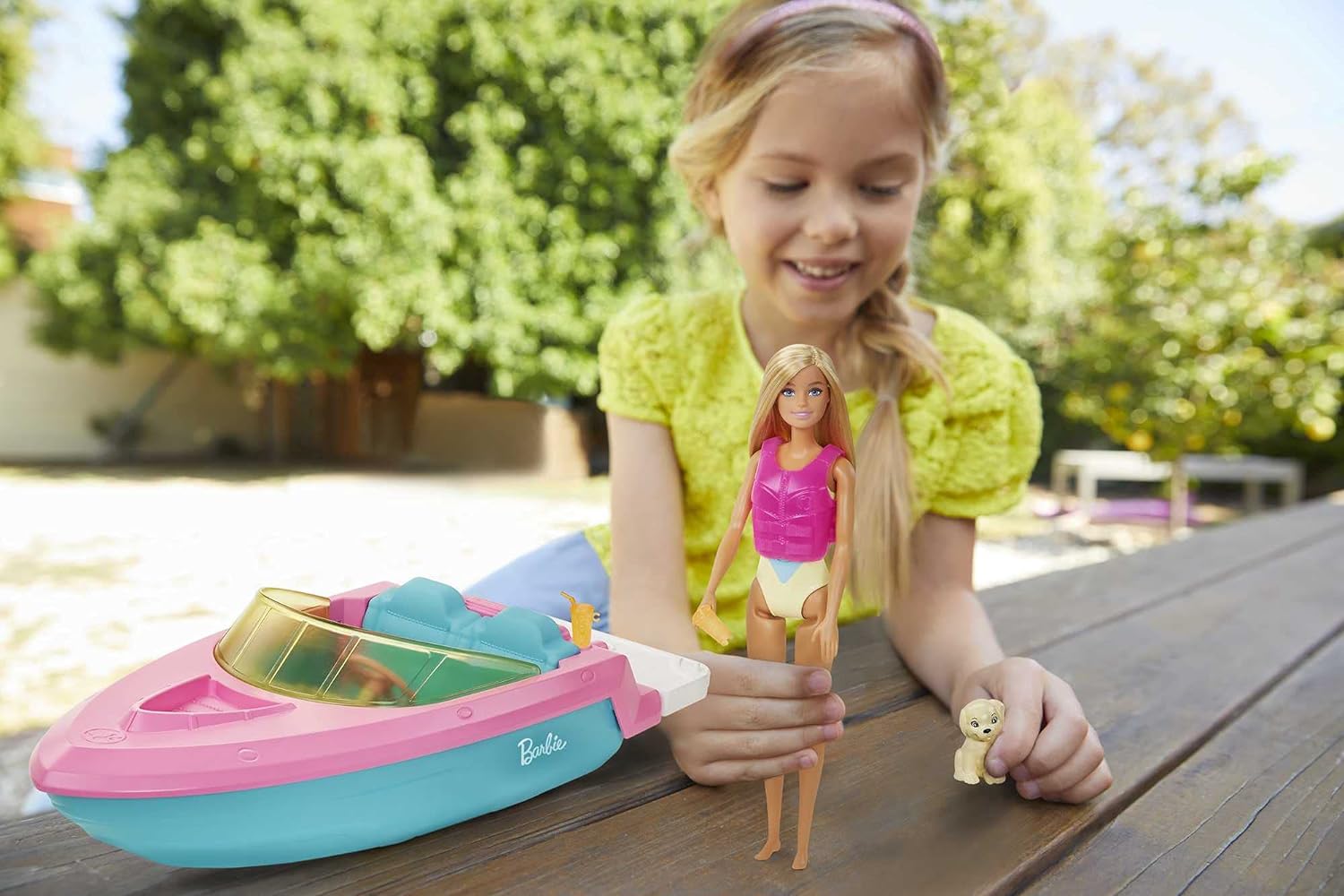 Barbie Boat with Puppy and Themed Accessories, Fits 3 Dolls, Floats in Water, Great Gift for 3 to 7 Year Olds, GRG29