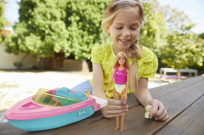 Barbie Boat with Puppy and Themed Accessories, Fits 3 Dolls, Floats in Water, Great Gift for 3 to 7 Year Olds, GRG29